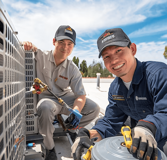 Two men in blue uniforms are working on a truck with a large metal object in front of them